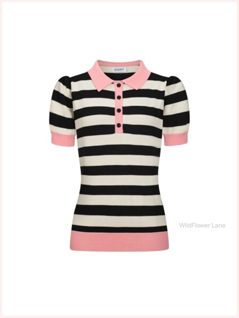 Women's 1960s Knit Polo Shirt Short Sleeve Black Casual Top
